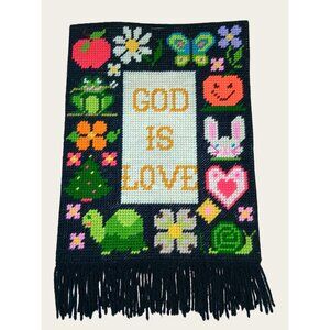 Handcrafted God Is Love Needlepoint Wall Hanging Vintage Kitsch